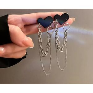 Silver and black titanium heart and chain link goth punk earrings new
